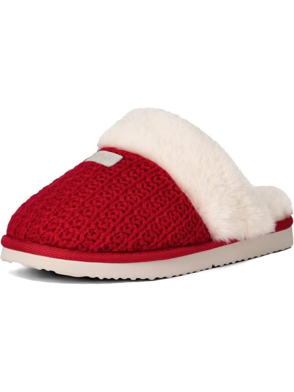 Women Red Faux Leather Soft Warm Fuzzy Slipper Shoes for Indoor